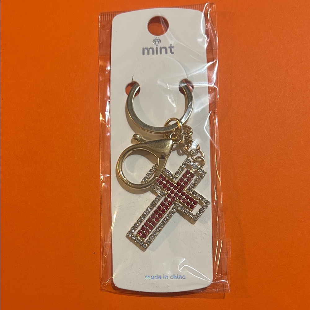 Mint Gold-Tone Cross Keychain or  bag charm with Pink Accent